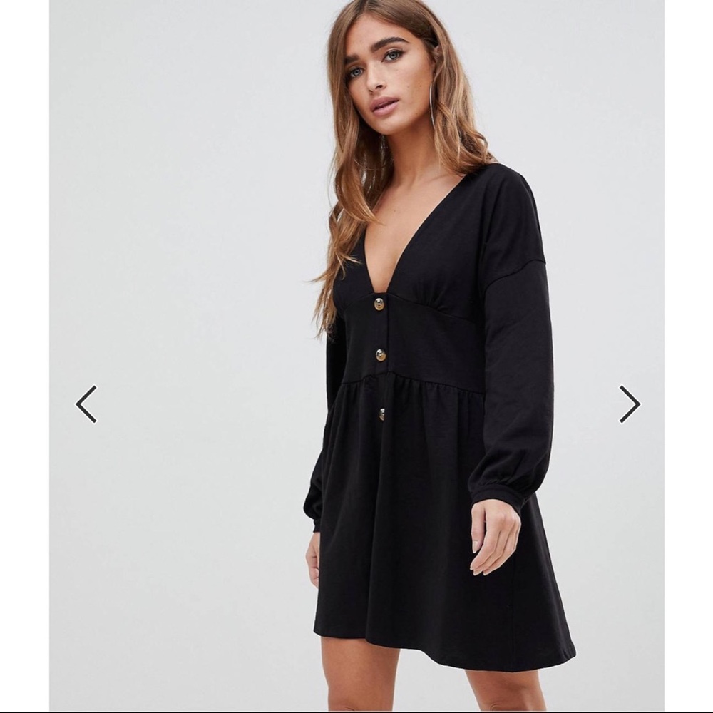 ASOS DESIGN Petite long sleeve smock dress with buttons and waist panel
